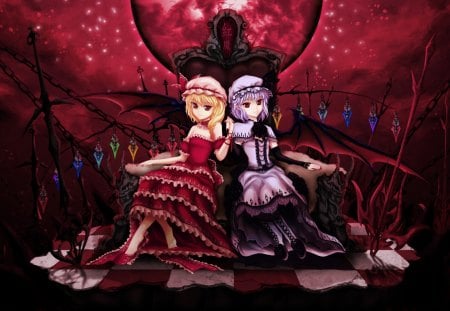 Scarlet's Sister - anime, female, wing, flandre scarlet, dress, devil, blonde, blond hair, gloomy, evil, dark, short hair, touhou, red, blond, purple hair, gown, anime girl, hot, girl, blonde hair, black, sinister, wings, fairy, cute, remilia scarlet, sexy