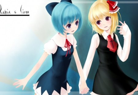 Rumia & Cirno - anime, female, blonde, blond hair, happy, uniform, short hair, touhou, blue hair, blond, rumia, ribbon, anime girl, cirno, hot, girl, blonde hair, school uniform, smile, cute, sexy