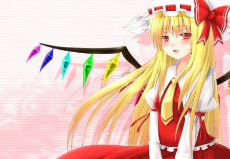 Flandre Scarlet - female, hat, wings, blond, anime girl, red eyes, touhou, blond hair, blonde hair, anime, flandre scarlet, girl, long hair, wing, red, fairy, smile, happy, blonde