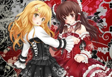 Hakurei Reimu & Kirisame Marisa - female, hot, brown eyes, blond, anime girl, black, brown hair, blond hair, touhou, blonde hair, dark, anime, reimu, ribbon, maiden, yellow eyes, sexy, girl, shrine maiden, long hair, hakurei reimu, gown, abstract, marisa, red, dress, kirisame marisa, blonde