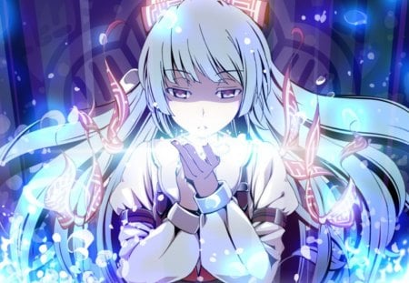 The Lights - anime, anime girl, female, magic, blue, girl, light, long hair, fujiwara no mokou, fantasy, touhou, blue hair, cute, ribbon, sparks