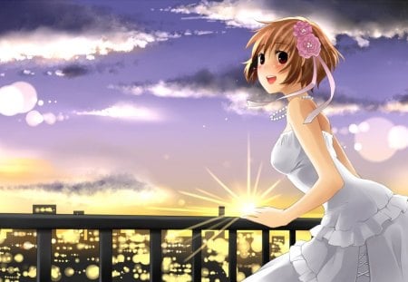 Anime Bride - gown, wedding, cute, happy, wed, hot, anime girl, girl, brown, scenery, view, light, scenic, cloud, short hair, anime, bride, sun, dress, sky, sexy, smile, scene, female