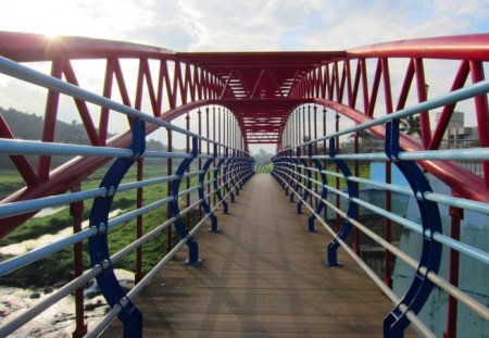 Bridge - Streams, grass, Bridge, early in the morning