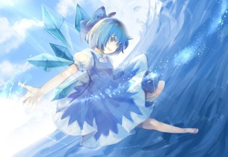 cirno - manga, anime, glass wings, girl, sea