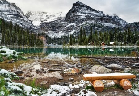 Beautiful Place - winter, water, snow, landscape, canada, nature, bench, lake, mountains, sky