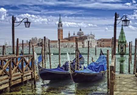 Venice, Italy - sky, boats, italy, venice, water, italia, gndolas, nature, pier, lanterns, grand canal, clouds, boat