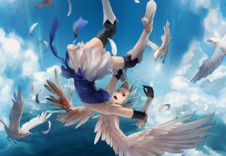 Help!!!!! - clouds, falling, bird, anime, female, dress, girl, angel, ocean, wings, sky