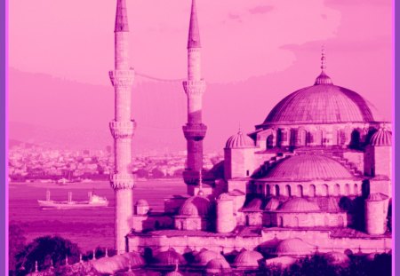 Turkey ~ Sultan Ahmed Mosque - water, frame, sultan ahmed mosque, Turkey, photo, pink, religious, view, art