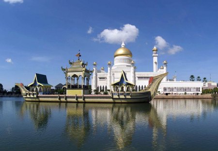 Brunei ~ Sultan Omar Saifuddin Mosque - sky, water, view, cloud, sultan omar saifuddin, blue, brunei, mosque, boat, religious