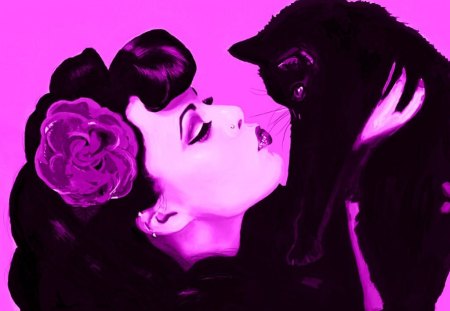 A kiss for a black cutie - woman, love, cat, pin-up, girl, black, rose, kitten, kiss, pink, brunette, cute, flower, retro