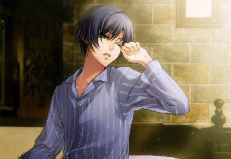 Morning Already?? - Cute, Est Rinaudo, Sweet, Boy, Black Hair, Green Eyes, Sleepy, Short Hair, Wand of Fortune, ANime, Morning