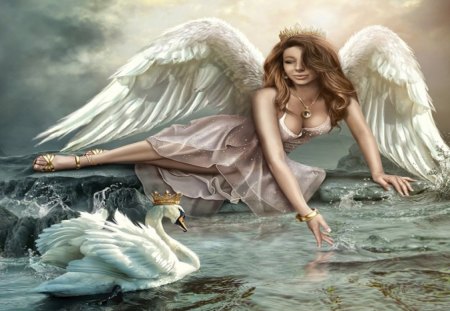 The Swan Princess - swan, princess, angel, water, wings, swan wings, prince, fantasy