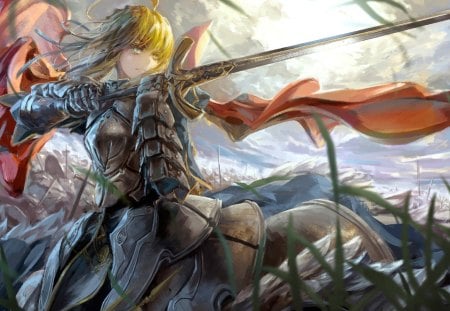 Saber - flower, blonde, grass, armor, weapon, cloud, red, fate stay night, anime, knight, king, cg, female, blaze, realistic, excalibur, sword, arturia, blond hair, rass, cute, girl, anime girl, blonde hair, 3d, arturia pendragon, dress, mantle, sky, long hair, crown, saber, cape