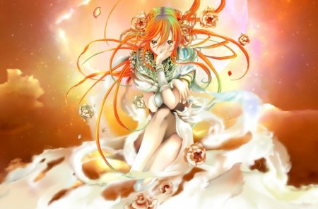 Anime girl - girl, clouds, petals, anime, long hair, flower, orange eyes