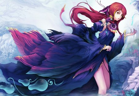 Beauty - flowers, red hair, anime, water, dress, girl, long hair