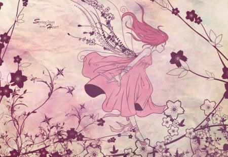 Ballet - pink, ballet, long hair, pink hair, flowers, spring, dress