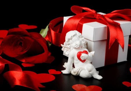 Valentine's Day - love, gift, angel, heart, day, valentine, black, rose, white, bow, box, red, flower