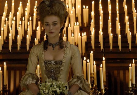 The Duchess - bride, candle, the duchess, dress, girl, flame, keira knightley, flower, light, church, bouquet, actress, lady, fire, woman, movie