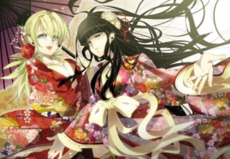 Kimono girls - girls, umbrela, blue eyes, long hair, kimono, flowers, black hair, vampire