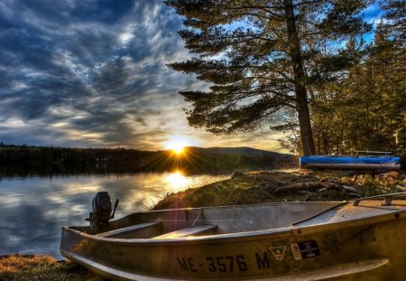 Sunrise - clouds, sunlight, trees, water, boat, sunrise, forest, light, nature, rays, lake, day, sky, shine