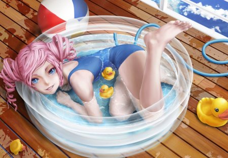 Enjoying a hot summer day - duck, anime, water, yellow, summer, blue, ball, girl, enjoy, hatsune miku, pool, pink hair