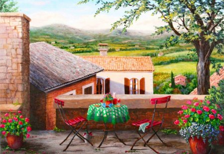 Home, sweet home! - cottage, nice, porch, roofs, greenery, countryside, meadow, field, spring, painting, view, home, pretty, table, house, tree, coffee, tea, summer, lovely, village, beautiful, flowers, cabin