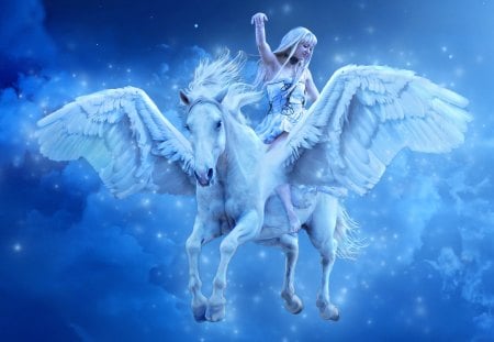 Flying Pegasus - fantasy, pegasus, horse, blue