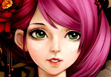 Anime beauty - anime, original, girl, beauty, green eyes, flower, peony, red, pink hair