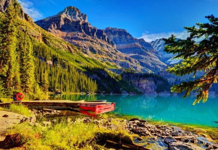 A boat on the lakeshore - nice, lakeshore, sky, slope, trees, riverbank, clear, mirrored, reflecttion, spring, mountainscape, quiet, pretty, calmness, river, grass, cliffs, boat, lake, mountain, summer, peaks, lovely, serenity, nature, tranquil, beautiful