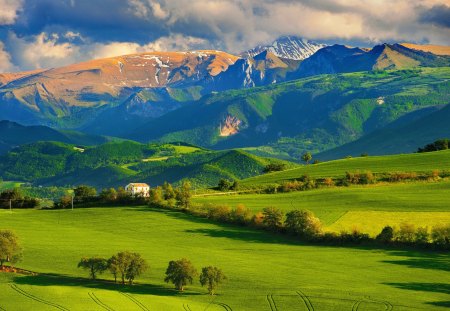 Mountain house - nice, cottage, sky, slope, trees, greenery, meadow, field, villa, mountainscape, view, pretty, clouds, green, house, grass, cliffs, mountain, landscape, foot, peaks, lovely, nature, beautiful, cabin