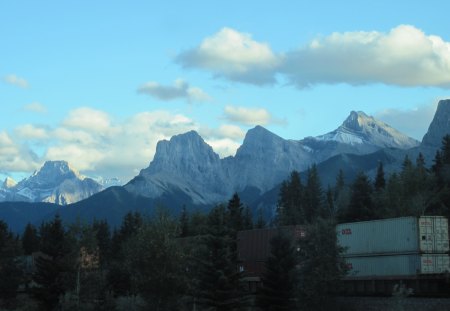 A Good Day at the Rockies BC - Canada06 - mountains, blue, summit, white, train, sky, clouds, photography, trees, green