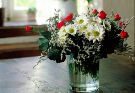 vase   with flowers - roses, flowers, lovely, vase, red rose