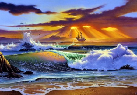 Sunset - ship, art, wallpaper, sunset, other