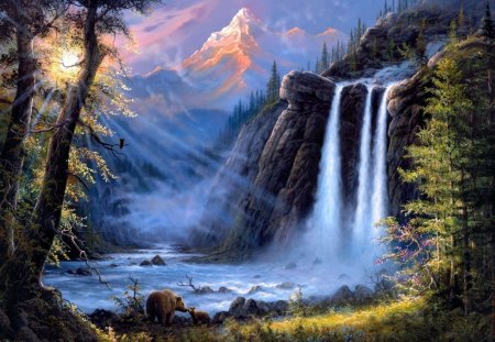 WATERFALL FOREST - WATERFALL, NATURE, MOONLIGHT, BEARS