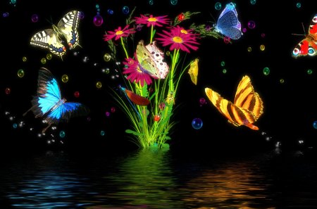 Butterfly\'s Pond - animals, swamp, fantasy, creative pre-made, digital art, softness beauty, pond, grass, butterflies, night, mixed media, plants, flutter, flying, nature, butterfly, abstract, flowers, cheerful, butterfly designs, happy