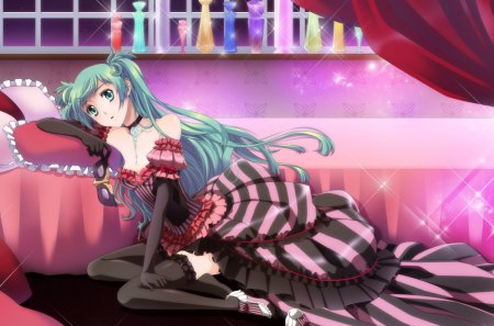 Hatsune Miku - anime, vocaloid, elegant, divine, female, hatsune miku, green eyes, green hair, long hair, bed, gorgeous, bottles, twin tails, anime girl, perfume, twintails, girl, lovely, bedroom, gown dress, miku, vocaloids