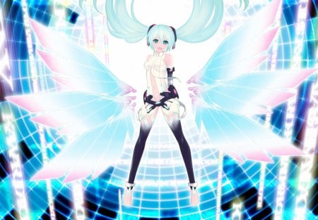 Hatsune Miku - anime, vocaloid, female, wing, hatsune miku, angel, green eyes, light, long hair, happy, superstar, blue hair, idol, twin tails, anime girl, twintails, hot, singer, girl, fantasy, smile, miku, diva, wings, fairy, cute, aqua hair, sexy, vocaloids