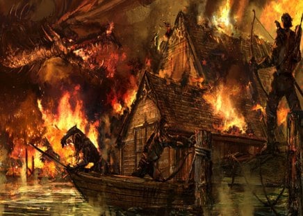 Smaug Attacks The Lake Men - dock, men, city, dragon, fire, boat