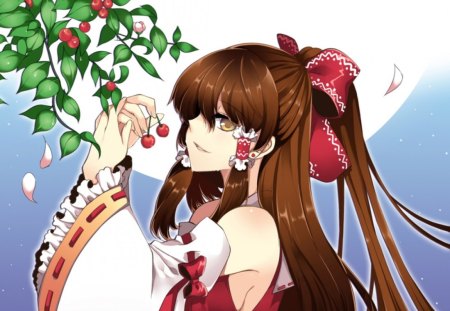 Wild Berry - anime, female, maiden, shrine maiden, long hair, touhou, ribbon, fruit, reimu, hakurei reimu, moon, yellow eyes, anime girl, hot, girl, berry, brown hair, petals, cute, sexy