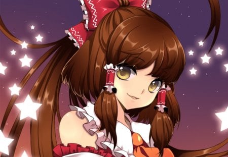 Hakurei Reimu - female, anime girl, brown hair, touhou, sparks, pretty, anime, reimu, ribbon, cute, yellow eyes, girl, long hair, hakurei reimu, lovely, star, kawaii, sweet, smile, happy