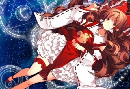 Hakurei Reimu - gown, cute, maiden, hakurei reimu, hot, abstract, anime girl, girl, shrine maiden, ribbon, touhou, brown hair, anime, dress, long hair, reimu, sexy, female