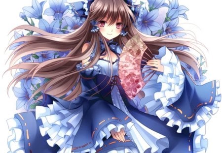 Blue Dream - beauty, fan, female, hot, anime girl, elegant, brown hair, red eyes, gorgeous, touhou, pretty, petals, anime, reimu, cute, sexy, girl, long hair, gown, hakurei reimu, lovely, divine, abstract, floral, blue, beautiful, blossom, sweet, smile, dress, happy, flower