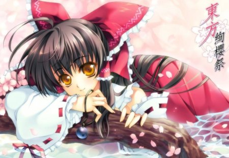 Hakurei Reimu - anime, female, long hair, touhou, ribbon, reimu, hakurei reimu, yellow eyes, anime girl, realistic, sakura, cherry blossom, girl, sakura blossom, brown hair, flower, petals, cg, cute, sakua, 3d, floral