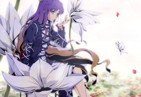 Hijiri Byakuren - gown, purple eyes, flower, touhou, cute, hijiri byakuren, blossom, anime, anime girl, girl, dress, purple hair, long hair, petals, floral, female