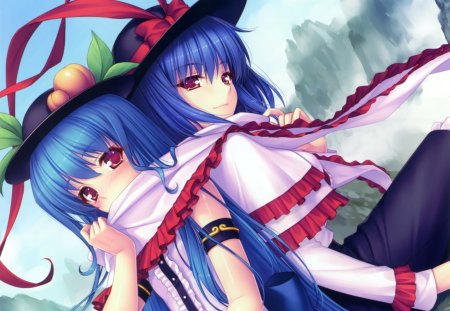 Stick with You - hat, nagae iku, anime, anime girl, female, realistic, girl, hinanawi tenshi, short hair, cg, touhou, blue hair, cute, 3d