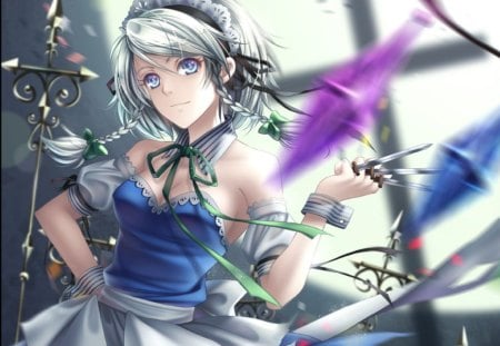 Izayoi Sakuya - nice, realistic, beauty, female, hot, anime girl, knife, elegant, gorgeous, touhou, pretty, anime, ribbon, cute, short hair, sexy, girl, blue eyes, braids, lovely, sakuya, cg, izayoi sakuya, 3d, sublime, beautiful, weapon, sweet, maid, white hair