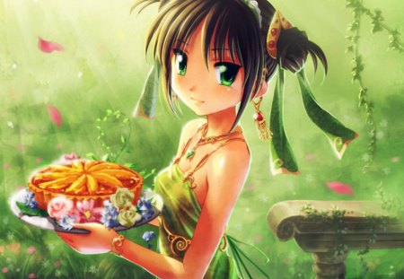 Moon Cake - female, hot, anime girl, petals, green, anime, oriental, food, cute, sexy, girl, long hair, cake, green eyes, floral, moon cake, blossom, chinese, flower