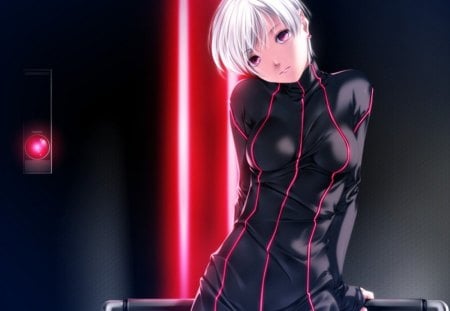 Lady in Black - sexy, hot, girl, female, light, anime girl, black, dark, red, anime, cute, short hair, pink eyes, white hair