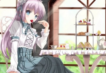 Tea Time - anime, cream, female, window, dress, long hair, eat, cake, purple hair, blue eyes, gown, anime girl, strawberry, girl, table, eating, cute