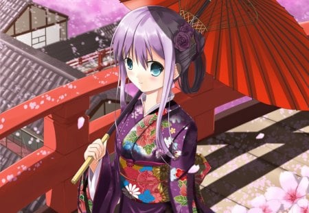 Walking Home - female, cherry blossom, anime  girl, umbrella, petals, sakura blossom, anime, kimono, cute, girl, long hair, purple hair, roof, green eyes, floral, sakura, yukata, blossom, flower